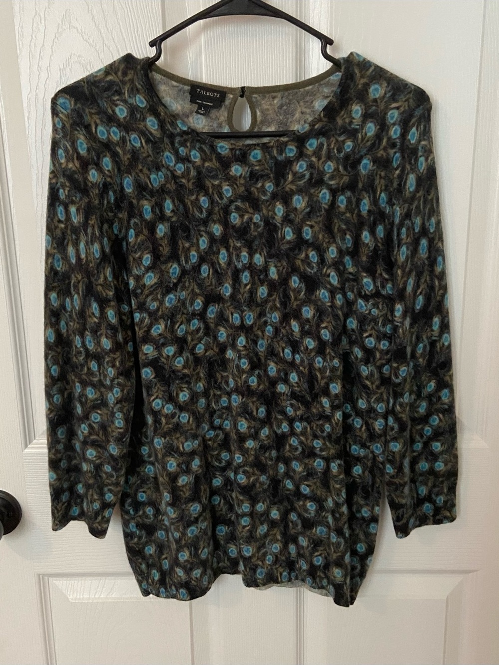 Talbots 100% Pure Cashmere  Olive and Blue Peacock-Print 3/4 Sleeve Top